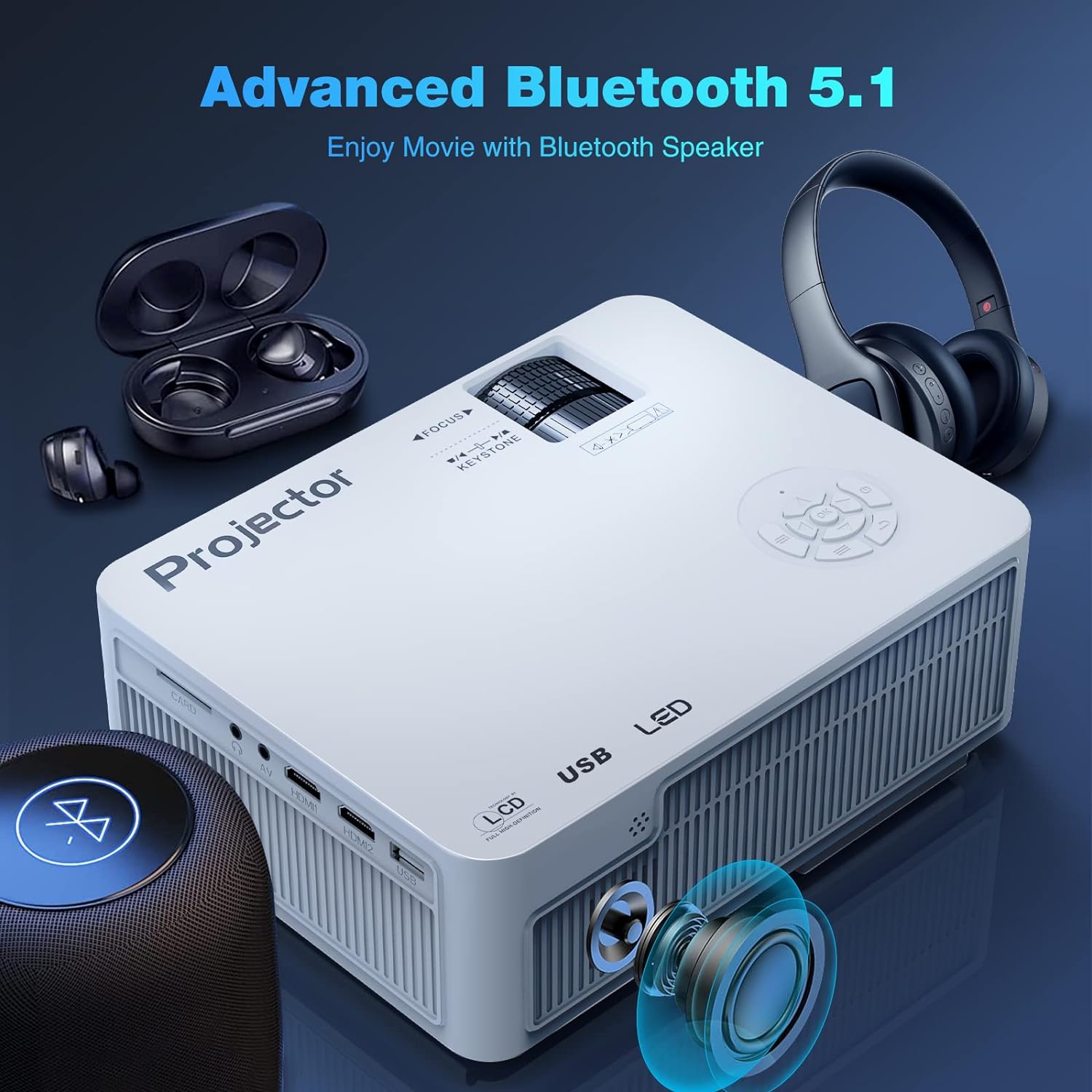 Proyector Native 1080P Full HD Bluetooth con altavoz, mini proyector de  película portátil para exteriores, compatible con laptop, teléfono