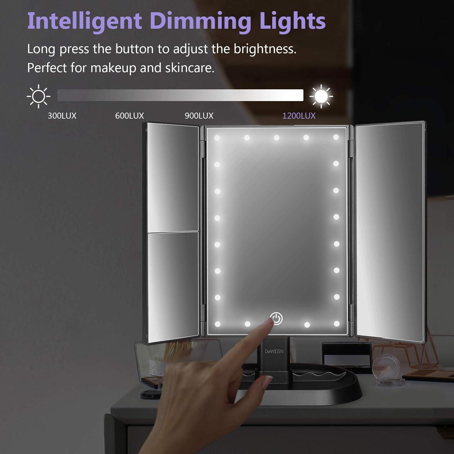 Espejo de maquillaje de tocador iluminado triple con 21 luces LED, aumento de - VIRTUAL MUEBLES