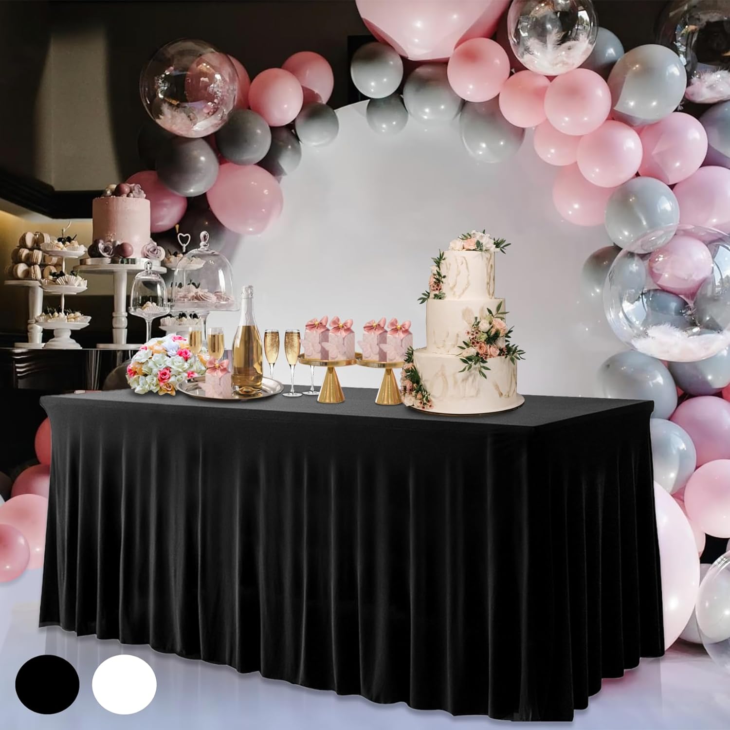 Suppromo Falda de mesa negra para mesas rectangulares de 6 pies, resistente  a las arrugas, mantel elástico para fiesta de cumpleaños, baby shower