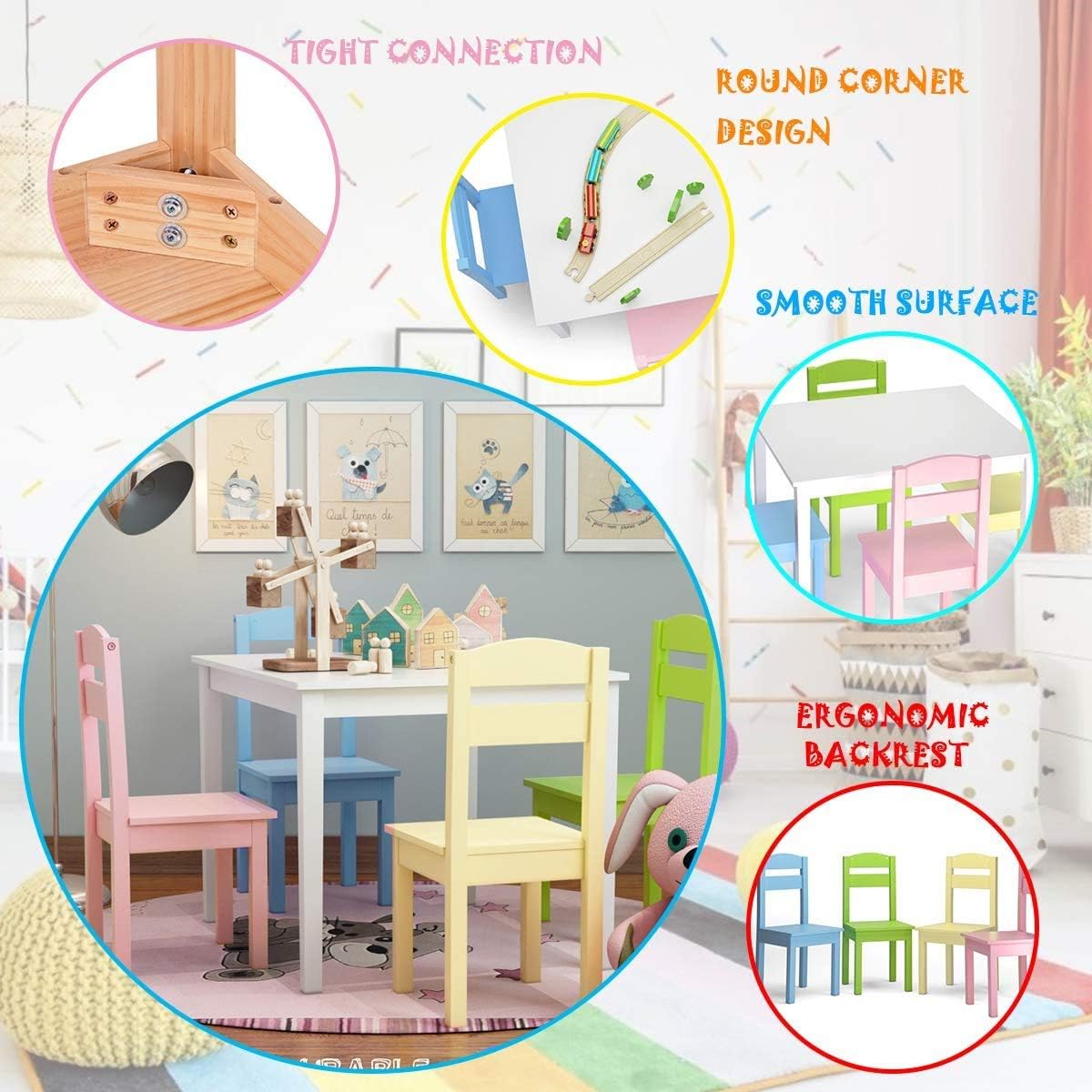 Moccha Juego de sillas de mesa de madera para niños, mesa colorida y 4 sillas
