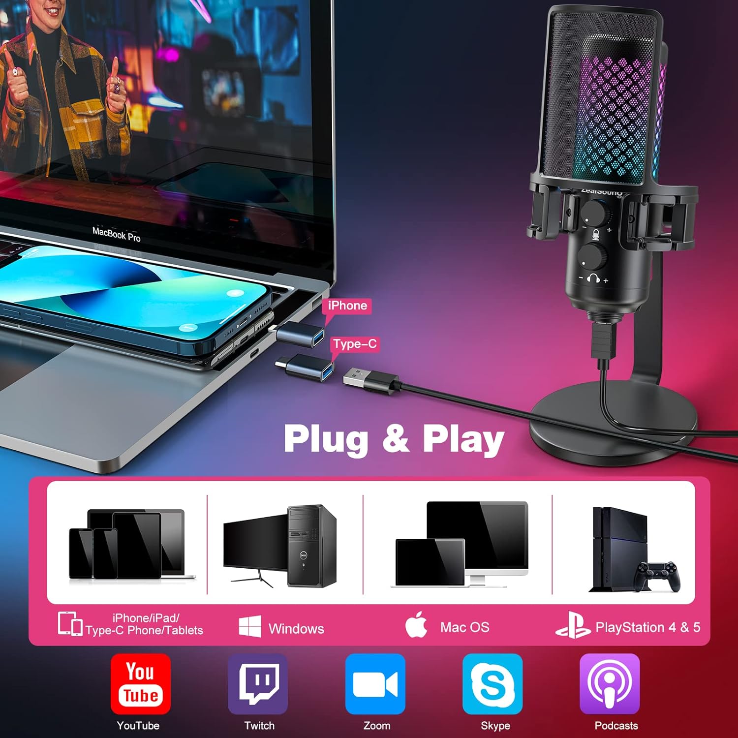 ZealSound Micrófono USB, micrófono condensador de computadora, micrófonos  para juegos Plug & Play para PS 4 y 5. Salida de auriculares y control de