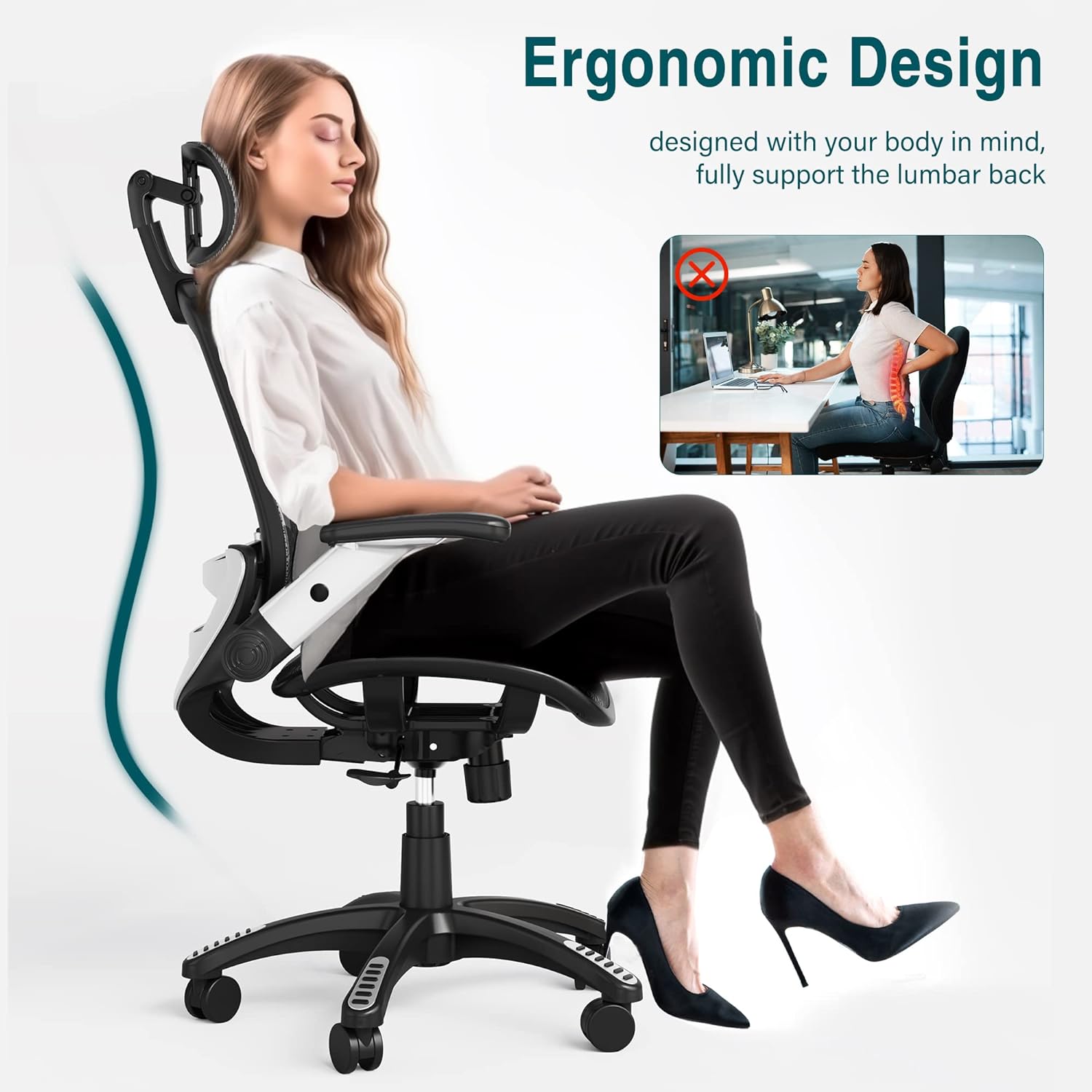GABRYLLY Silla de oficina ergonómica de malla, silla de escritorio con  respaldo alto, reposacabezas ajustable con brazos abatibles, función de