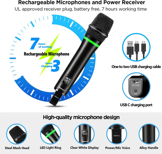 Pro Micrófono inalámbrico, sistema de micrófono dinámico de mano dual