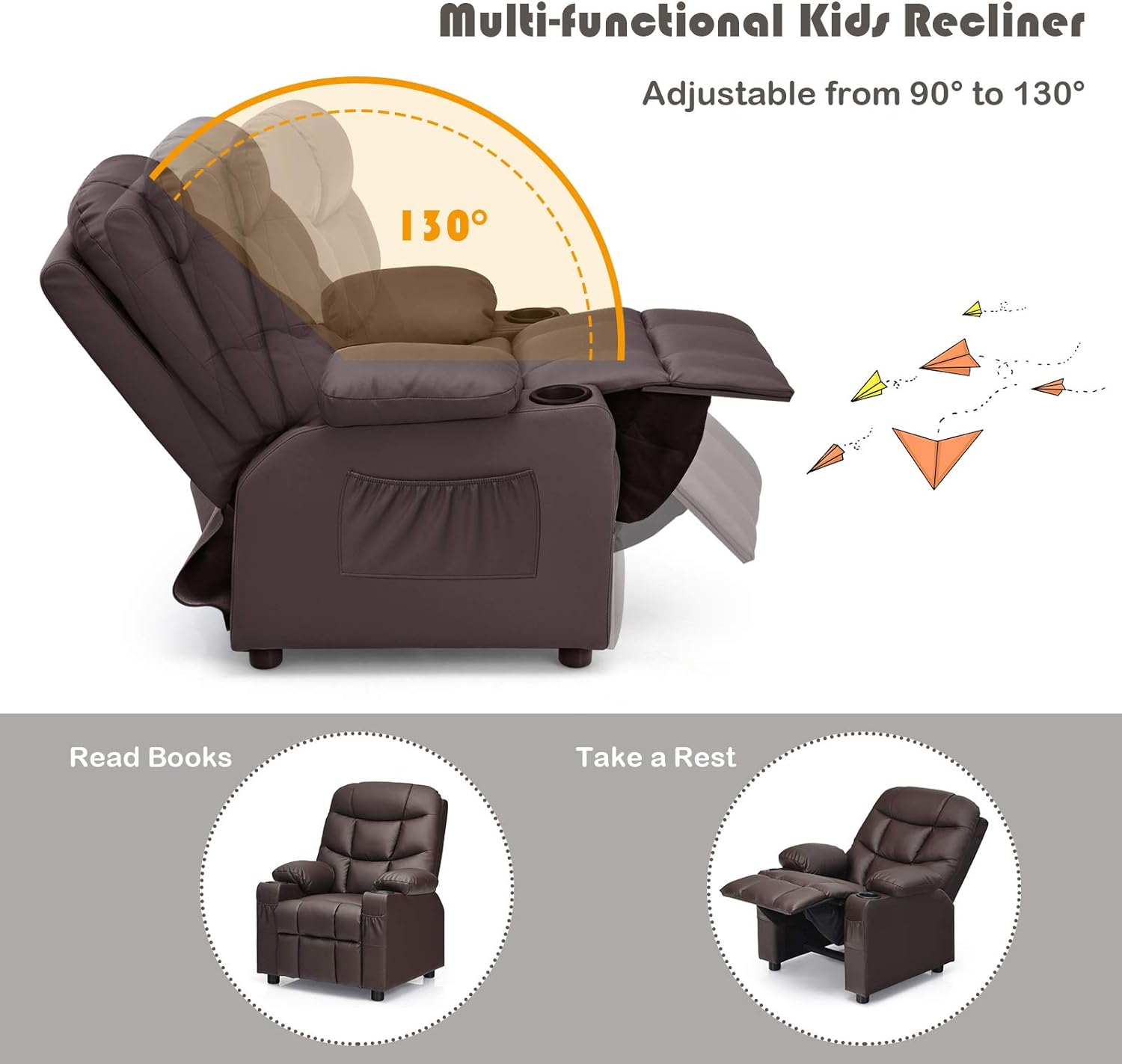 Silla reclinable para niños con soporte para tazas, silla de salón de cuero