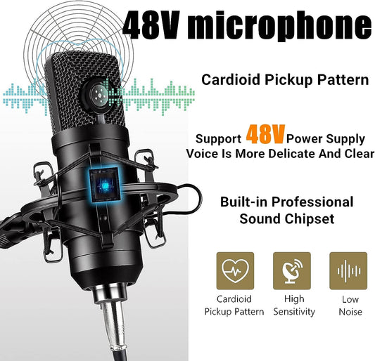 Paquete de equipo de podcast, paquete de micrófono de condensador de 48 V con