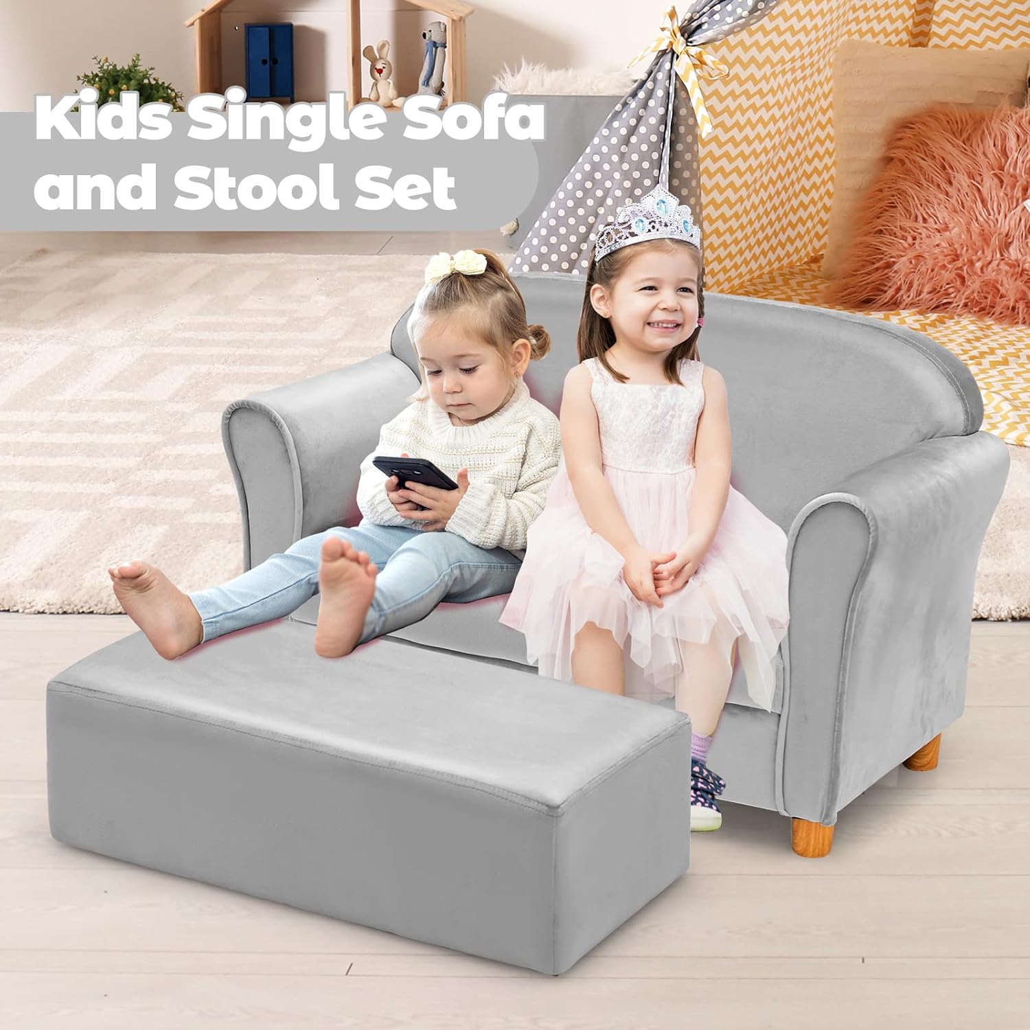 Sofá para niños con reposapiés, sofá tapizado de 2 asientos