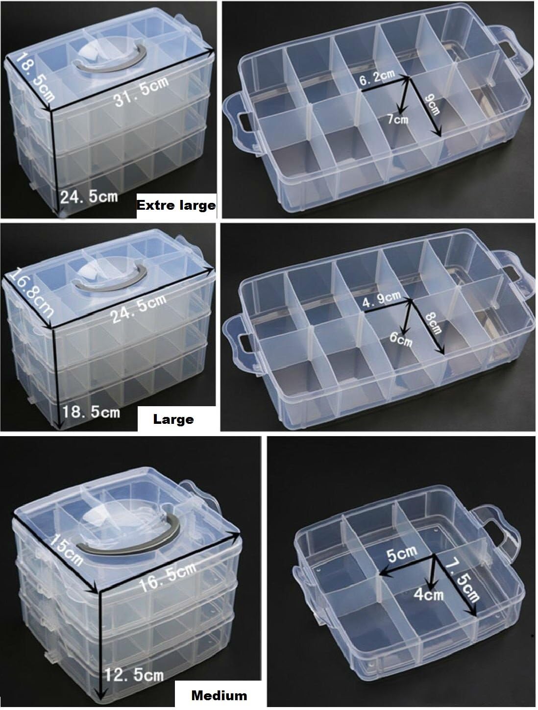 Caja de almacenamiento apilable de 3 niveles con 30 compartimentos  ajustables, caja organizadora de plástico, organizadores de cuentas y