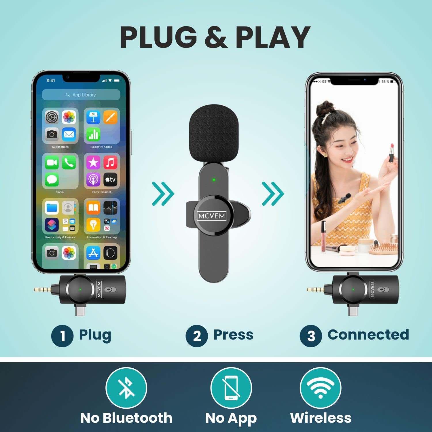 Micrófono de solapa Lavalier inalámbrico dual para iPhone, Android, cámara  2 micrófonos inalámbricos Plug and Play Chip de reducción de ruido de 2.4