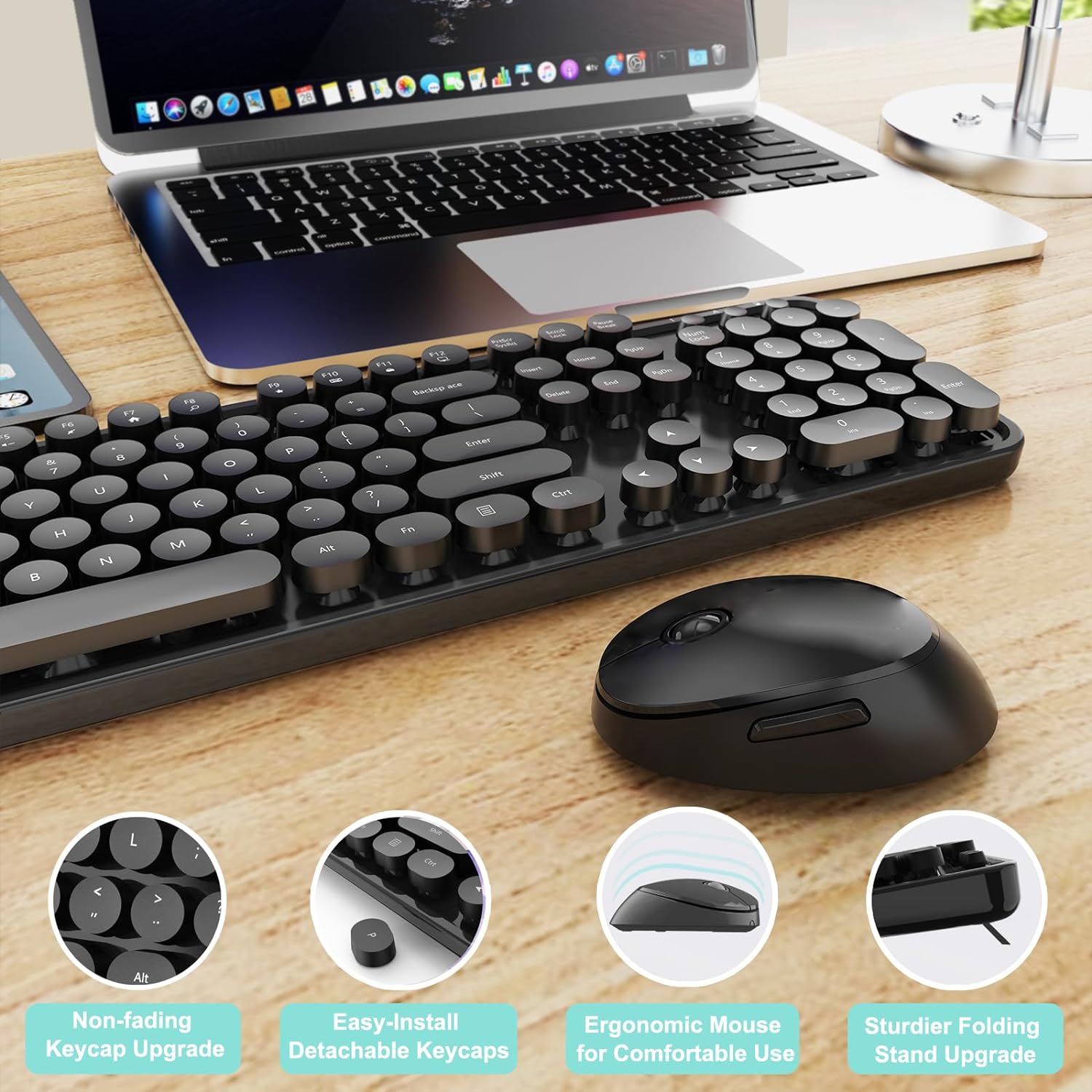 Combo de teclado y mouse inalámbricos, máquina de escribir ergonómica de tamaño