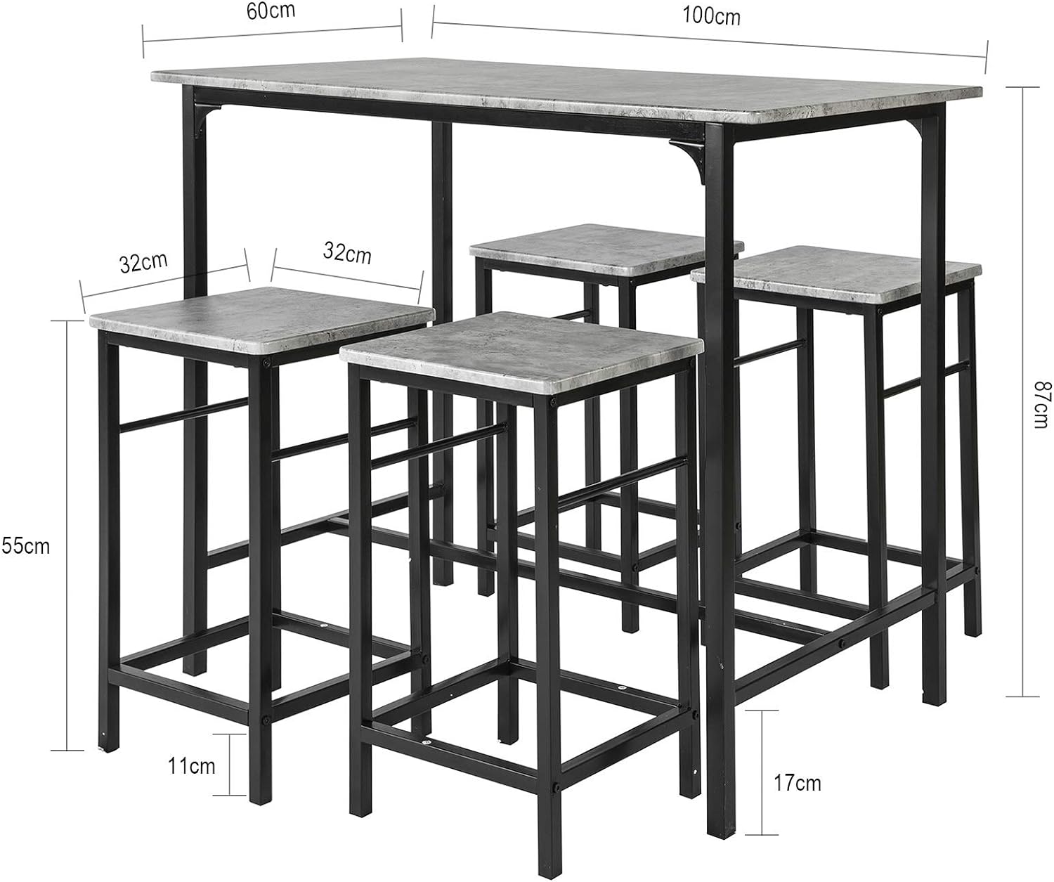 OGT11-HG, Juego de comedor de 5 piezas para 4, mesa de comedor con 4 taburetes,