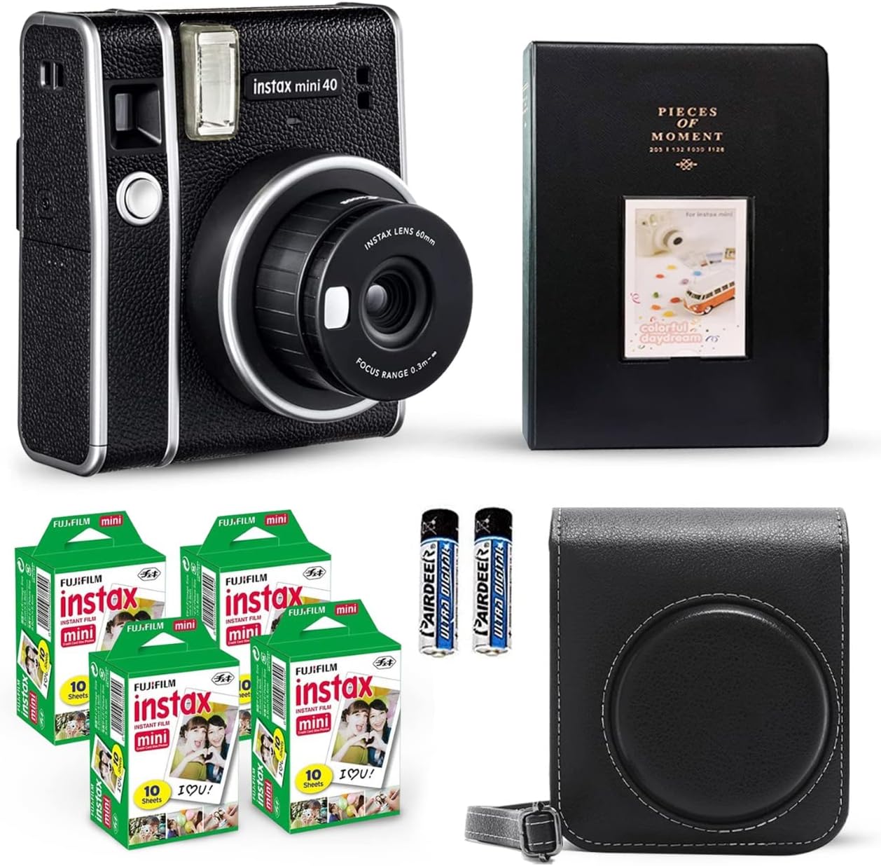 Fujifilm Instax Mini 40 - Cámara instantánea color negro vintage. + paquete  económico (40 hojas) paquete de accesorios para obturador, incluye funda
