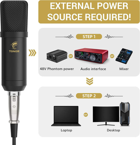 Micrófono condensador XLR, kit de micrófono de estudio cardioide profesional