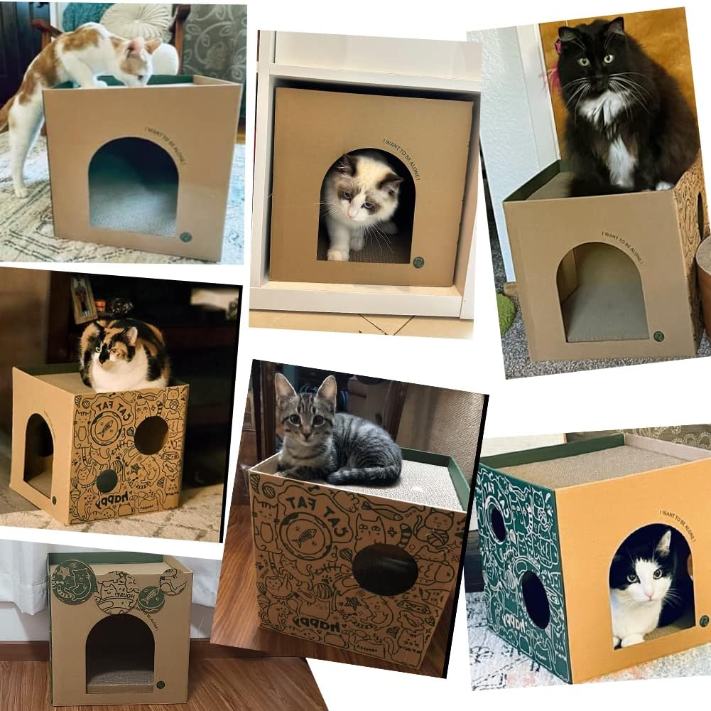 Casa de cartón para gatos con 2 almohadillas para rascar de pisos, casa de juego para gatos de interior