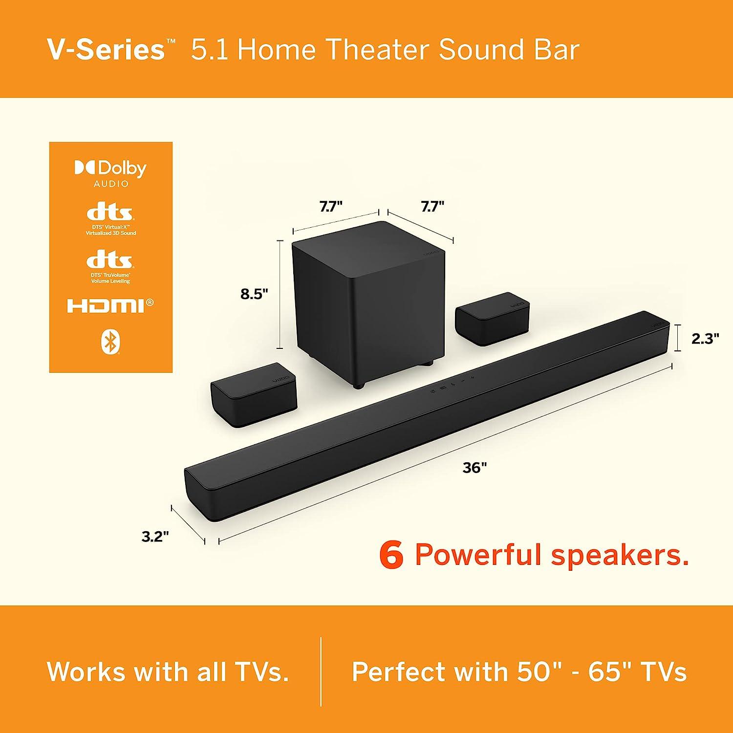 V-Series 5.1 Barra de sonido de cine en casa con audio Dolby y Bluetooth,