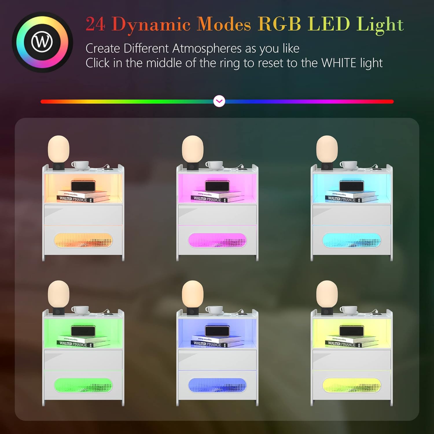 Mesita de noche LED RGB con estación de carga, moderna mesita de noche con