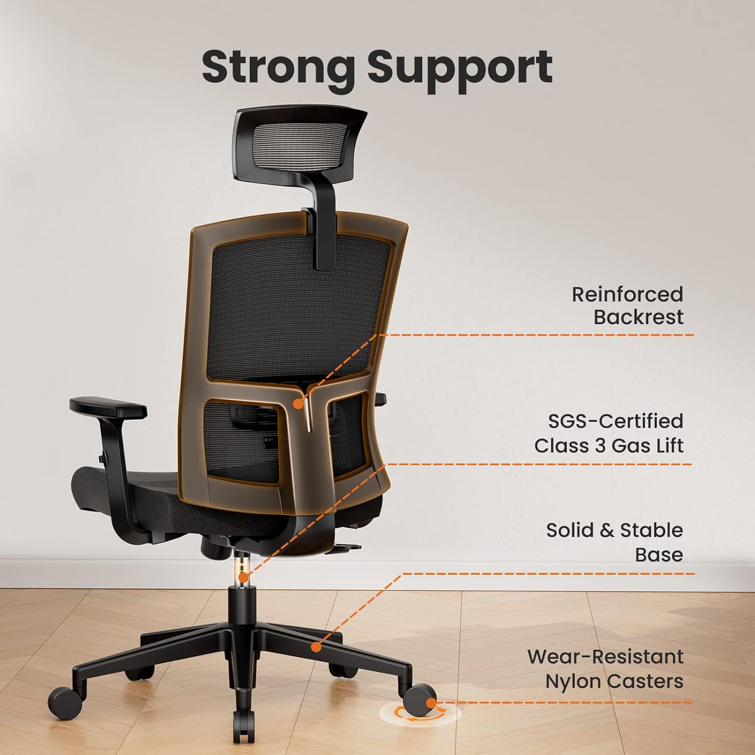 NOBLEWELL Silla de oficina, silla de escritorio con soporte lumbar ajustable,