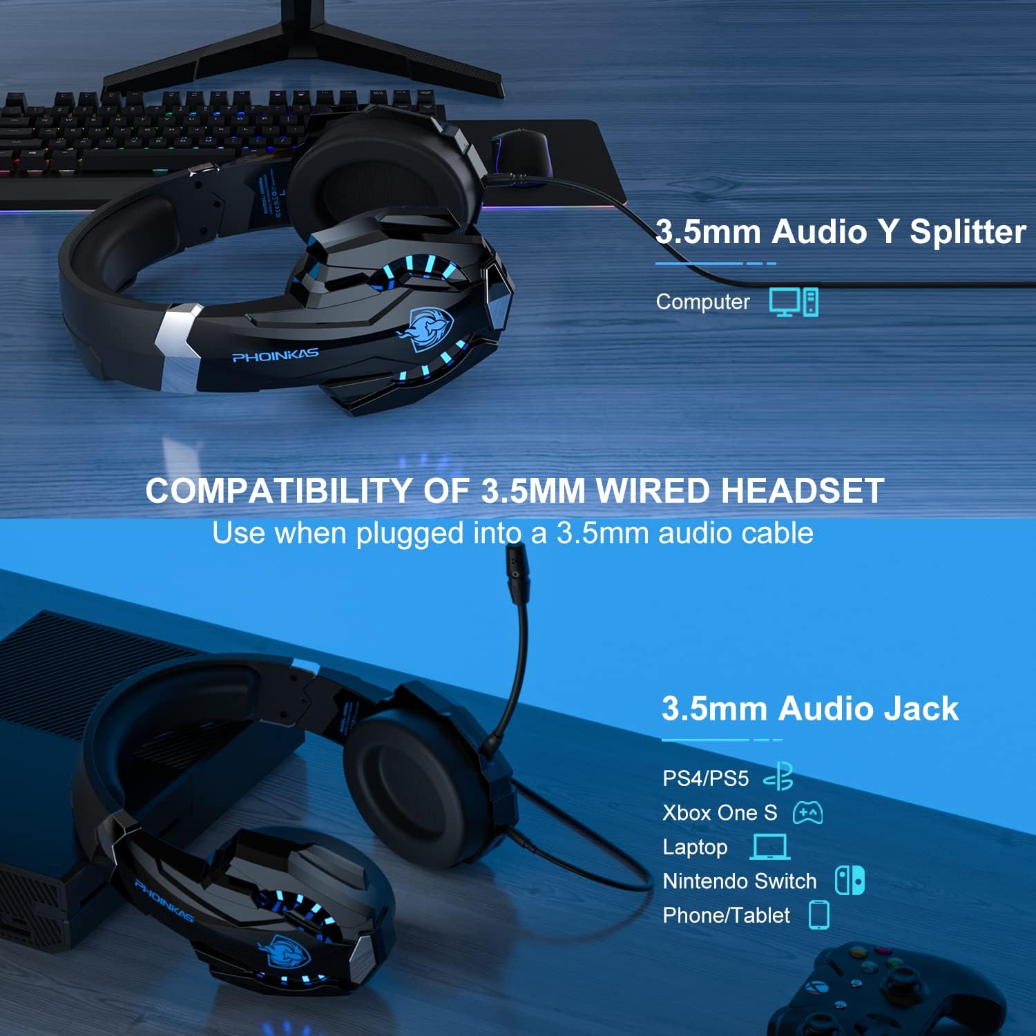 PHOINIKAS Auriculares inalámbricos para juegos con micrófono, G9000 2.4G  inalámbricos para PC PS4 PS5 Switch, auriculares sobre la oreja con sonido
