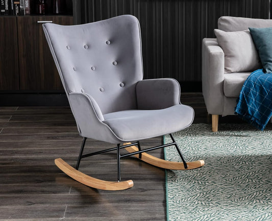 Mecedora tapizada de terciopelo gris para guardería, silla mecedora con