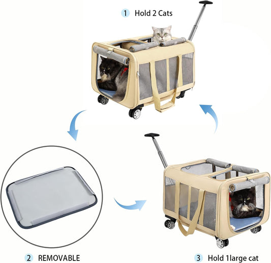 Transportador de mascotas de doble compartimento con ruedas para 2 gatos