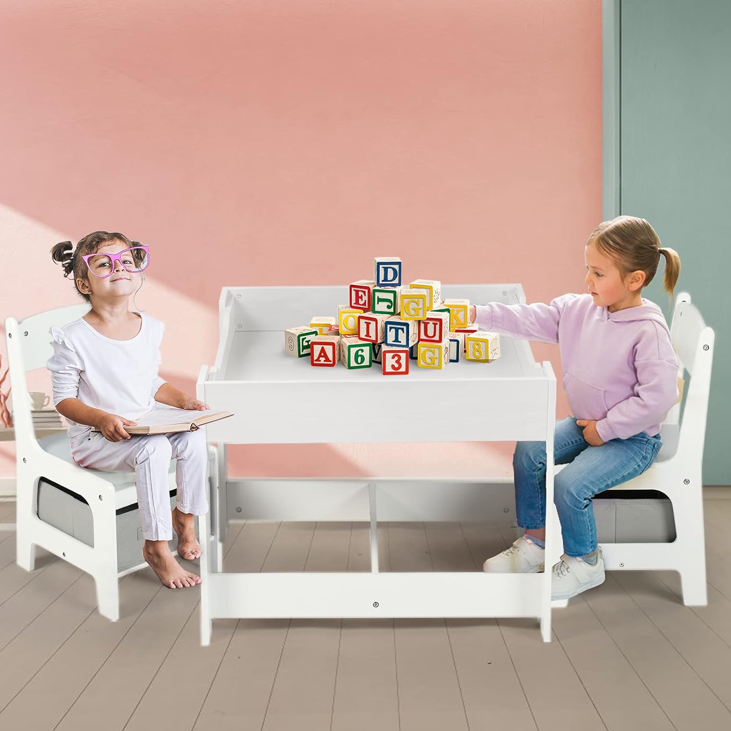 Juego de mesa y 2 sillas de madera para niños, mesa de actividades 3 en 1 con