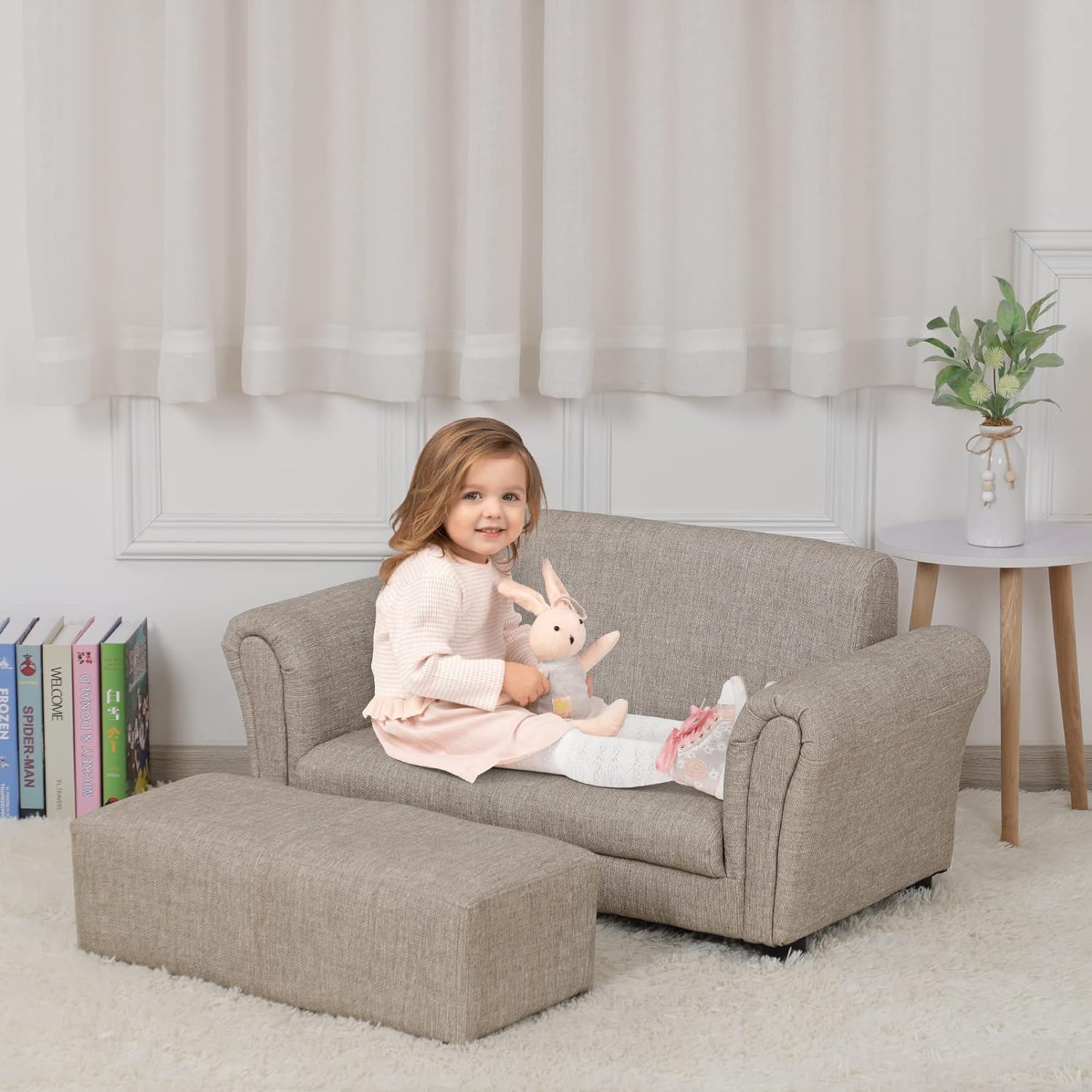Sofá infantil con reposapiés, sofá biplaza tapizado para niños con otomana,  marco de madera resistente certificado ASTM y CPSIA, juego de 2 asientos