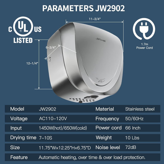 JETWELL Secador de manos comercial de alta velocidad aprobado por UL con filtro - VIRTUAL MUEBLES