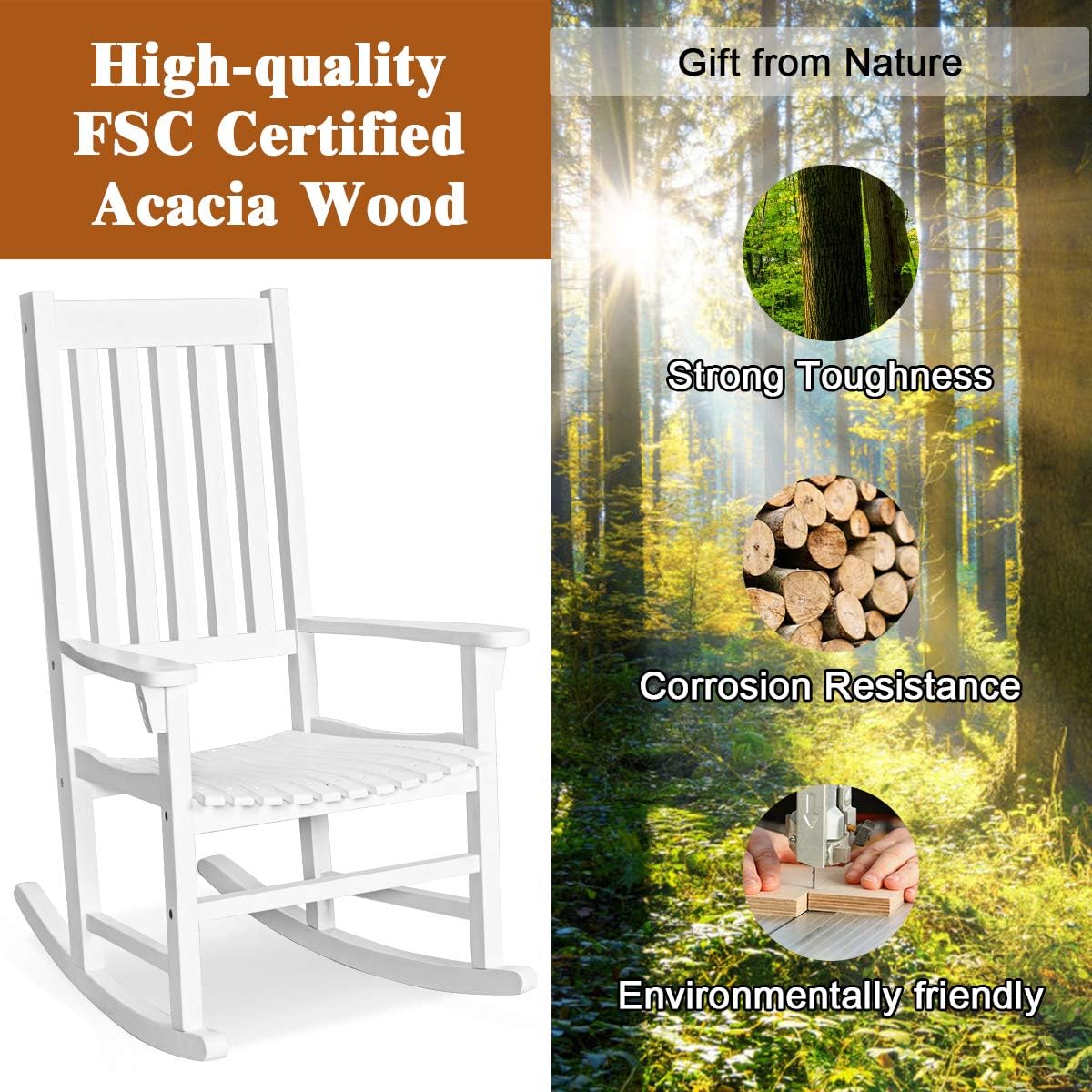 Tangkula Mecedora de madera de acacia para exteriores, mecedora de madera  con cojines lavables desmontables, balancín para porche, jardín, patio