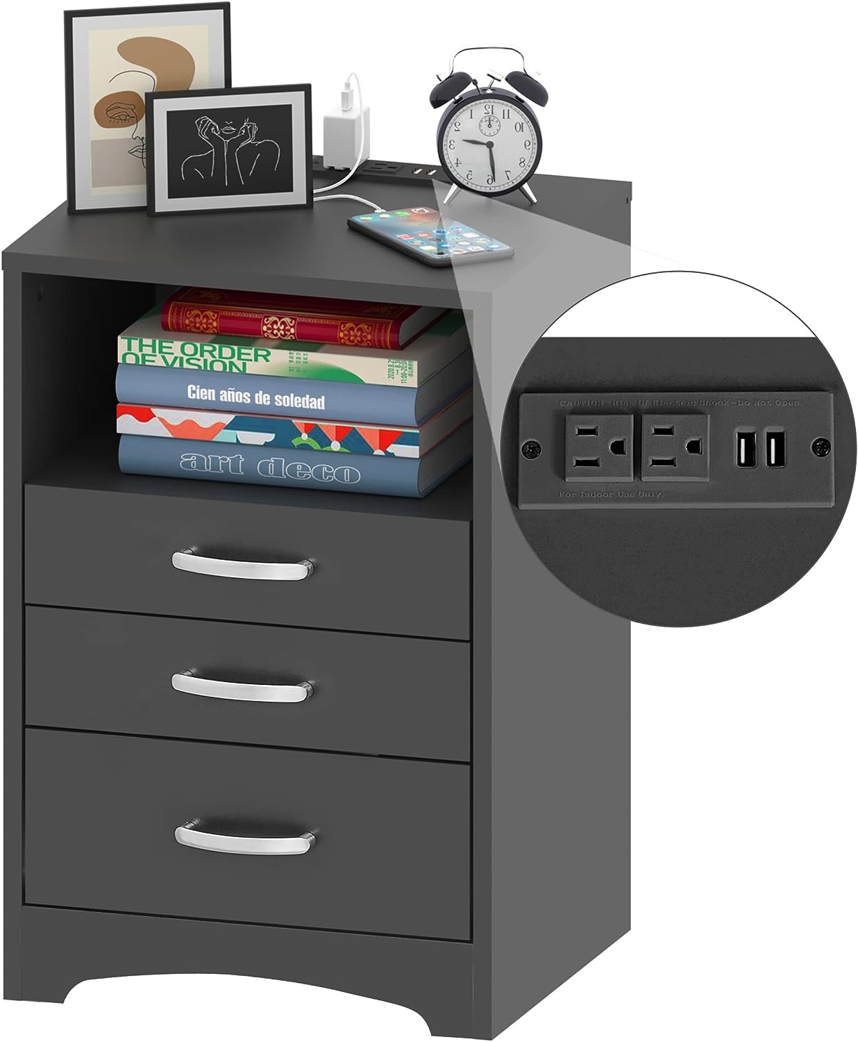 ADORNEVE Mesita de noche negra con 3 cajones con puerto USB, mesa auxiliar  de dormitorio, mesa auxiliar de madera, mueble de soporte lateral, con
