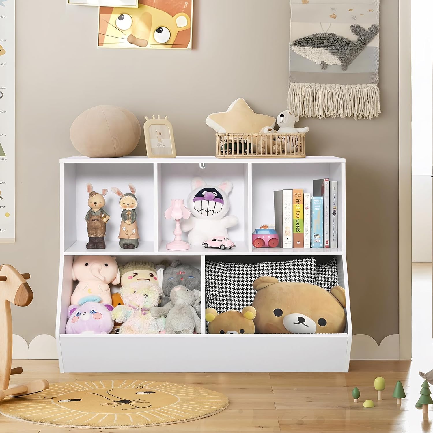 Organizador de almacenamiento de juguetes con estantería, estante de  juguetes para niños de 5 compartimientos, gabinete de almacenamiento de  juguetes