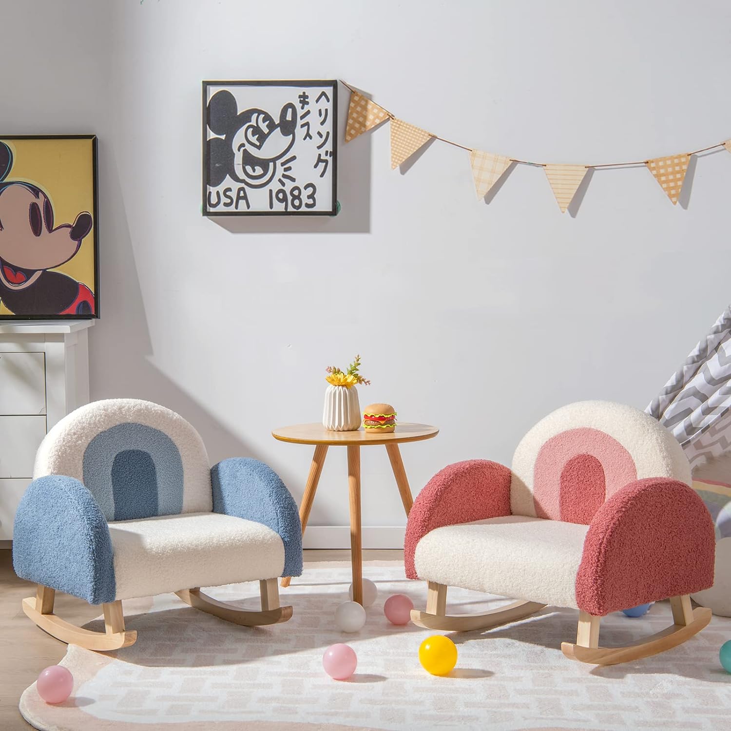 Sofá para niños mecedora con marcos de madera maciza tela de felpa diseño
