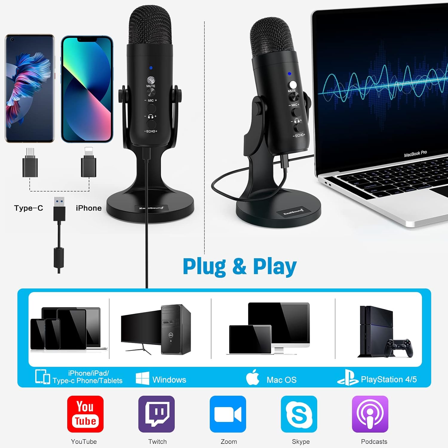 Micrófono USB, micrófono condensador de computadora, micrófonos para juegos