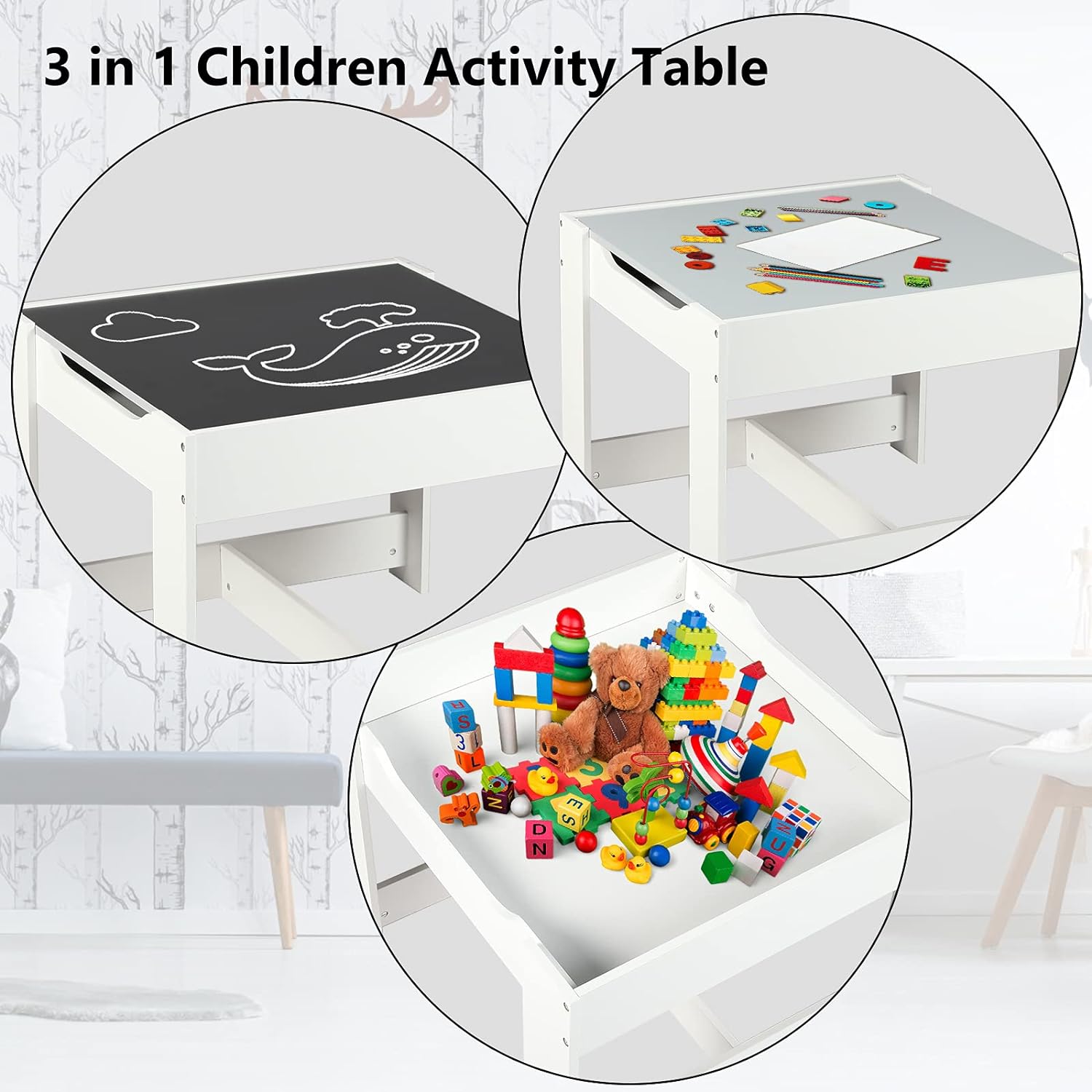 Juego de mesa y 2 sillas de madera para niños, mesa de actividades
