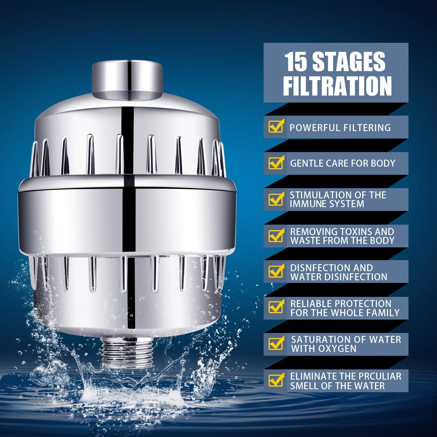 FEELSO Cabezal de ducha y filtro de ducha de 15 etapas, alta presión, 5  ajustes de pulverización, cabezal de ducha filtrado con cartucho de filtro