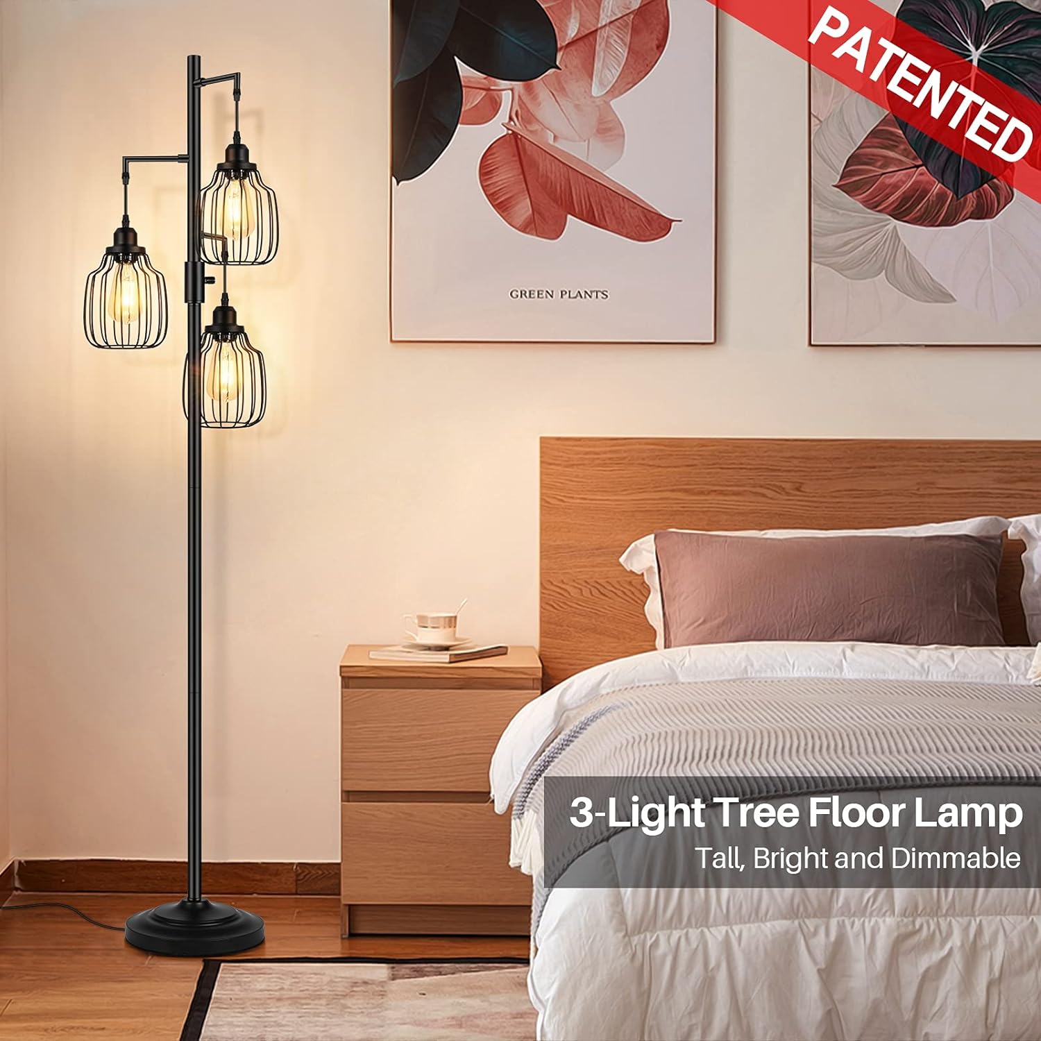  Lámpara de pie regulable, 3 bombillas LED Edison de 800LM  incluidas, lámpara de pie industrial de granja con elegantes cabezas de  jaula de lágrimas, lámparas altas para la sala de estar