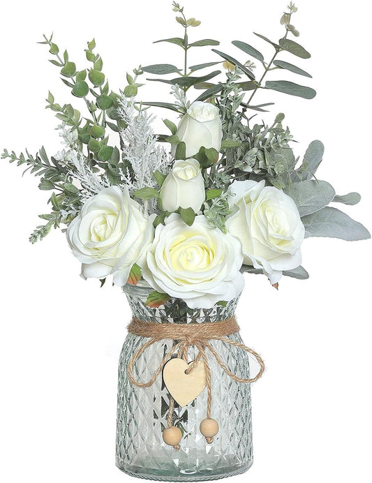 Flores de imitación con jarrón, rosas artificiales de seda en jarrón, arreglo - VIRTUAL MUEBLES