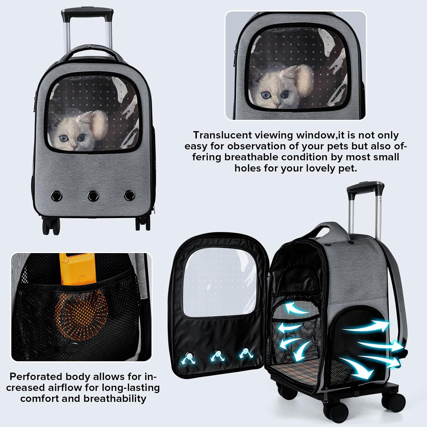 Transportador rodante para mascotas con ruedas, mochila transportadora para