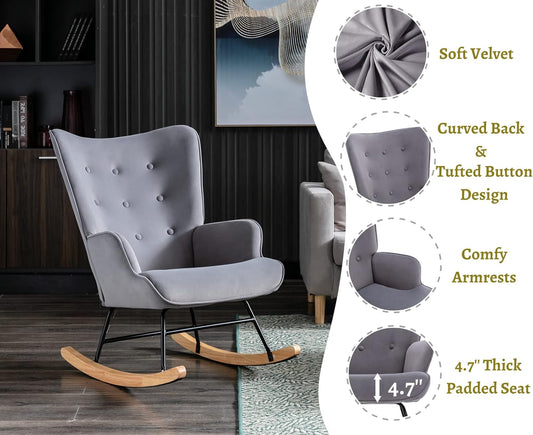 Mecedora tapizada de terciopelo gris para guardería, silla mecedora con