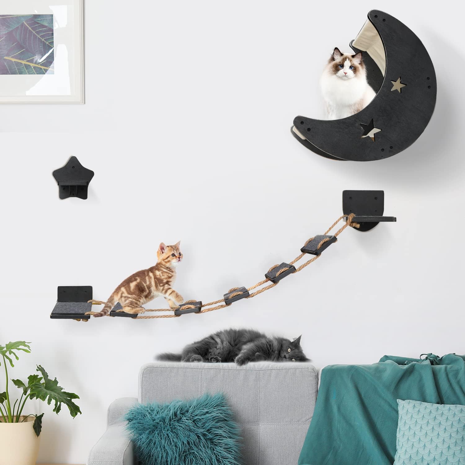 Hamaca decorativa redonda para gatos, 3 estantes de pared para gatos,  muebles de cama para gatos, estantes para gatos montados en la pared, poste