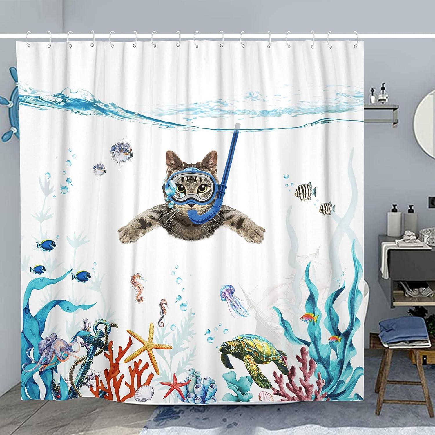  Divertida cortina de ducha de tela de gato para baño