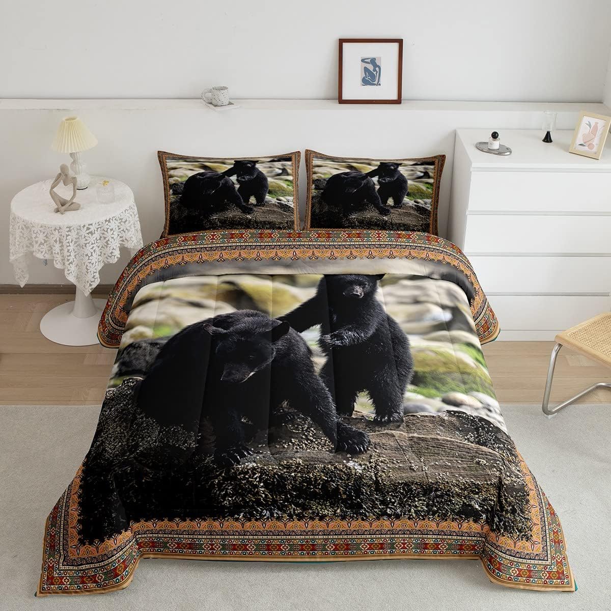 Juego de edredón de oso negro, juego de ropa de cama retro de caza de animales