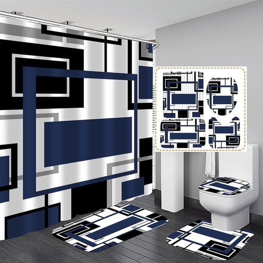 Juego de 4 cortinas de ducha geométricas azules, alfombras antideslizantes, - VIRTUAL MUEBLES