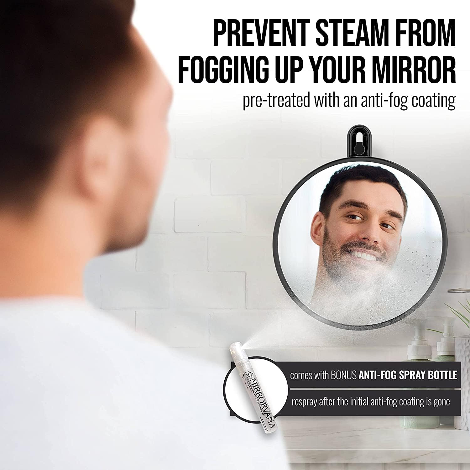 MIRRORVANA Espejo de afeitado de ducha con doble antivaho –  Superficie inastillable sin niebla con soporte para maquinilla de afeitar y  fuerte ventosa de 360° (8 x 7 pulgadas, blanco) 