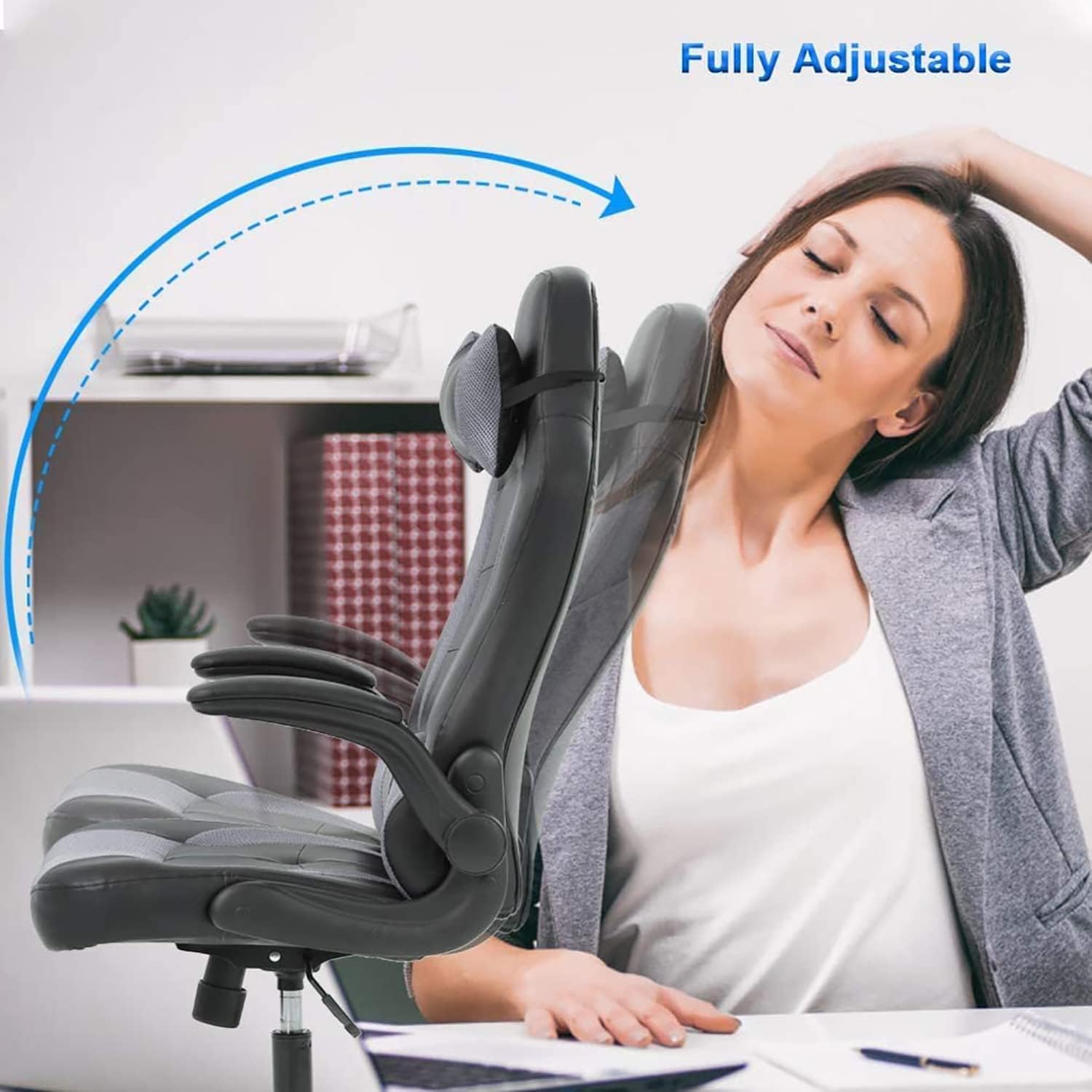Silla de oficina con respaldo alto, silla de escritorio con soporte lumbar,  apoyabrazos, silla ergonómica para PC de carreras de piel sintética