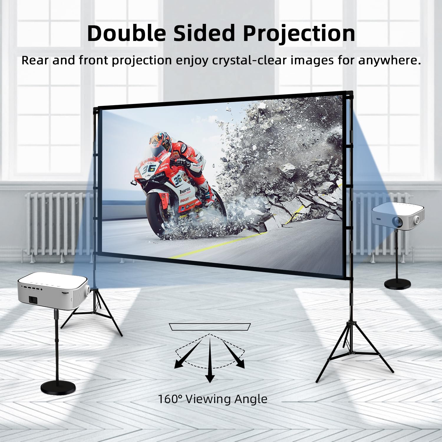 Pantalla de proyector con soporte, pantalla de proyector portátil plegable  de 100 pulgadas 16:9 HD 4K Pantalla de proyección de película de doble cara