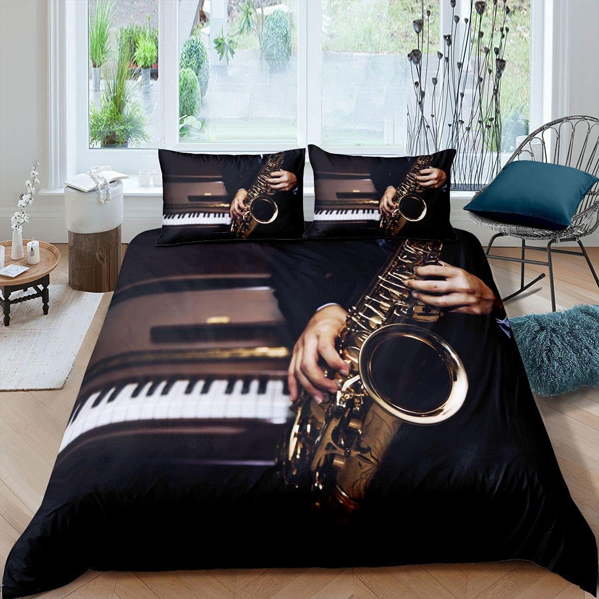 Funda de edredón de saxofón, juego de cama de piano con temática de música de