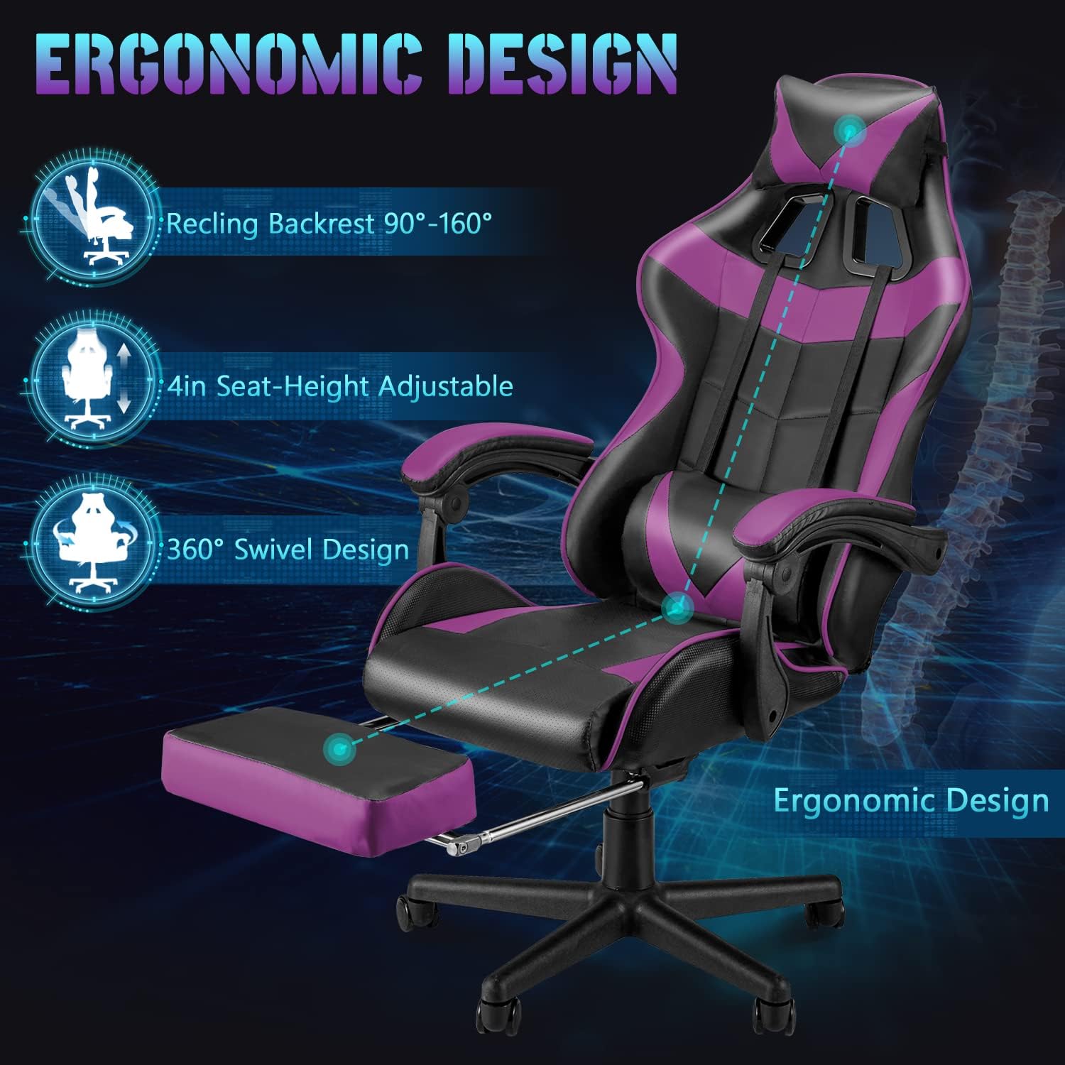 Silla de juegos morada con reposapiés silla ergonómica para jugadores sillas de