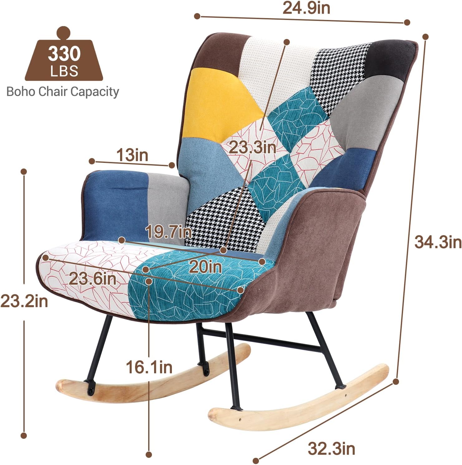 Mecedora, diseño bohemio con tela de lino, base de madera maciza, silla