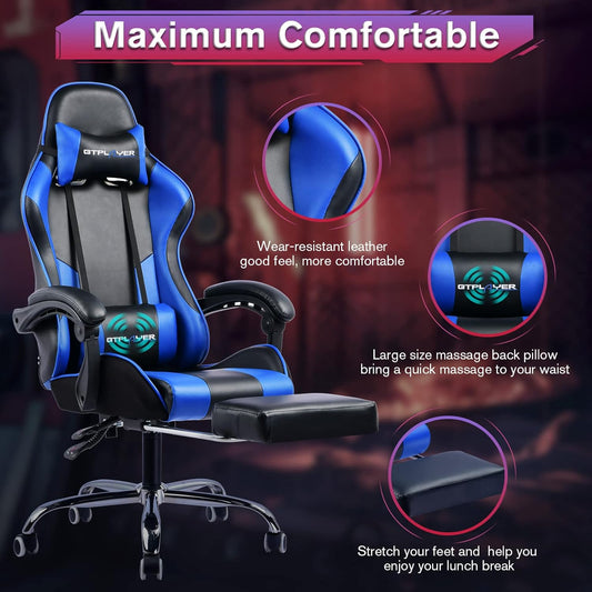 Silla de juegos, silla de computadora con reposapiés y soporte lumbar, silla de