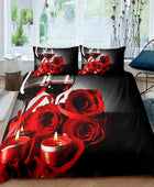 Funda de edredón de rosas, juego de ropa de cama con velas de vino tinto para