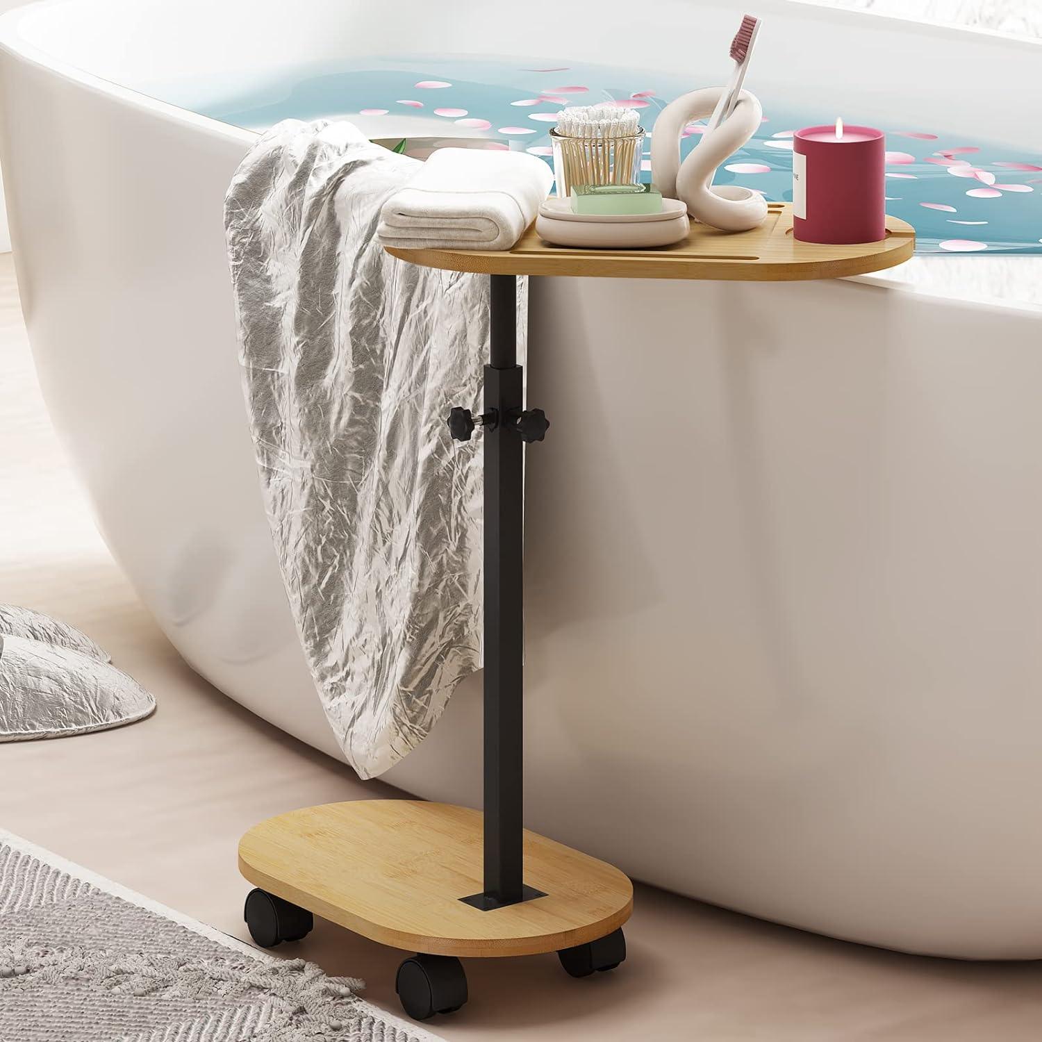Mesa de bambú con ruedas, mesa auxiliar de bañera independiente con al -  VIRTUAL MUEBLES